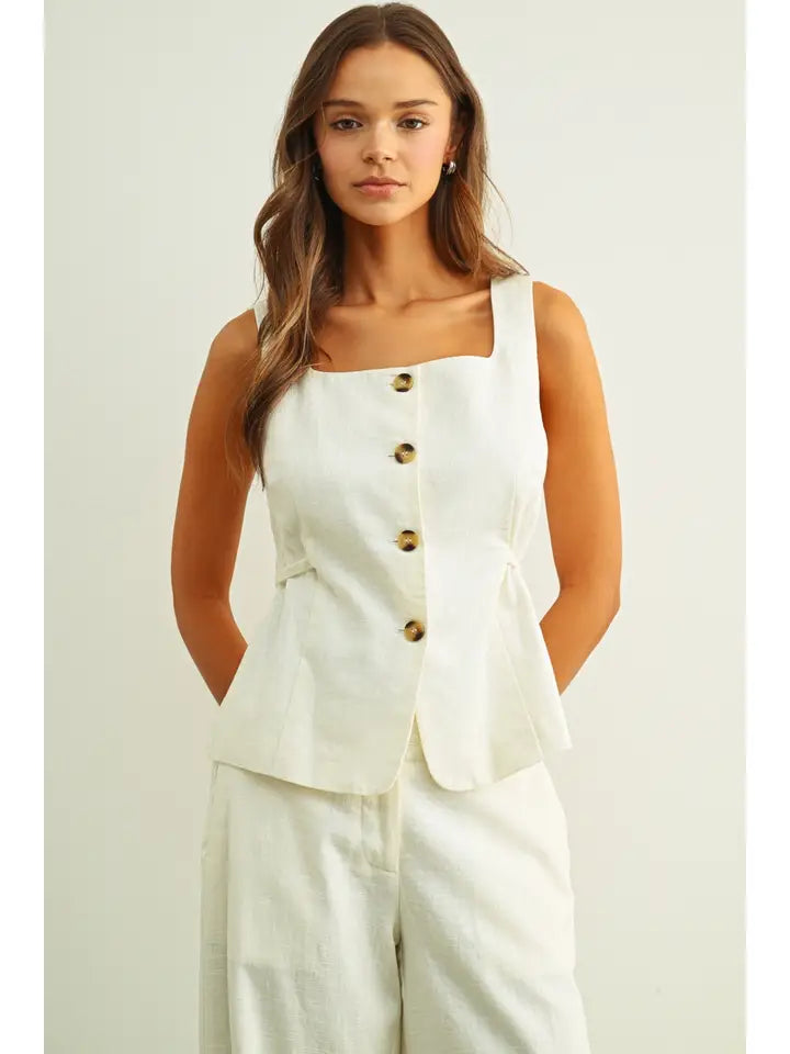 SQUARE NECK SLEEVELESS VEST WITH BUTTON FRONT - WHITE