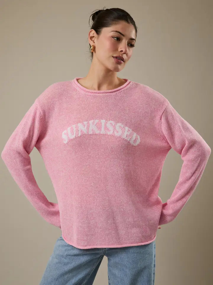 ROUND ROLL UP NECK LONG SLEEVE SUNKISSED LT.WEIGHT SWEATER PINK