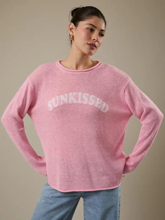 ROUND ROLL UP NECK LONG SLEEVE SUNKISSED LT.WEIGHT SWEATER PINK
