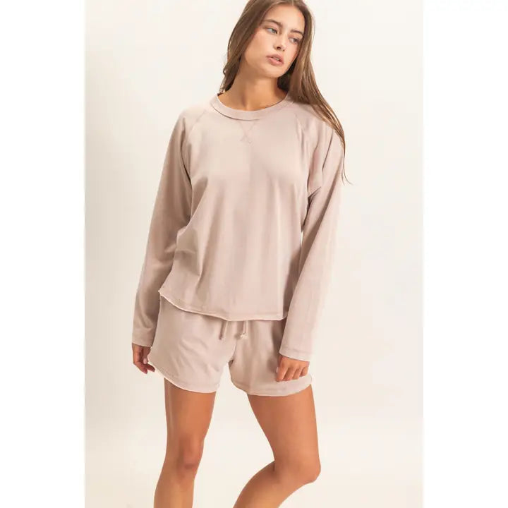 MINERAL WASH LONG SLEEVE RAW EDGE SHORT SET - DARK TAUPE