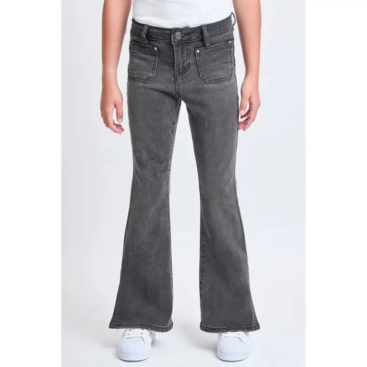 GIRLS FLARE FRONT PATCH POCKET JEANS - FADED BLACK