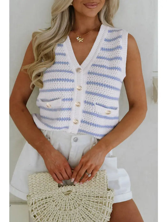 GINEVIEVE STRIPE VNECK SWEATER VEST - BLUE