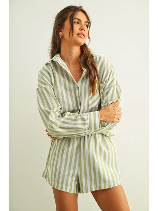 STRIPED BUTTON DOWN LINEN SHIRT - SAGE