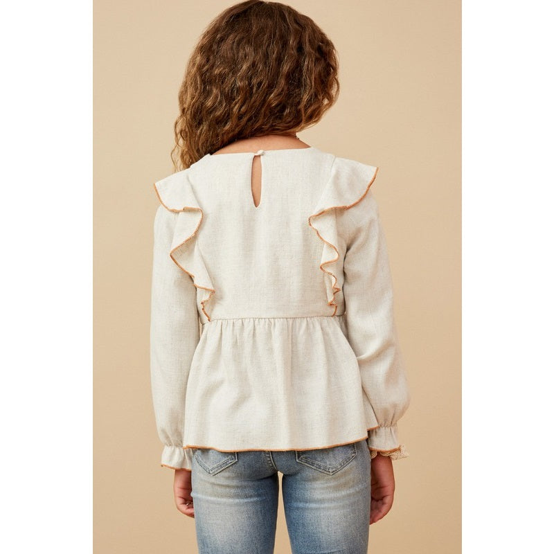 GIRLS CONTRAST DETAIL RUFFLE TOP - TAUPE