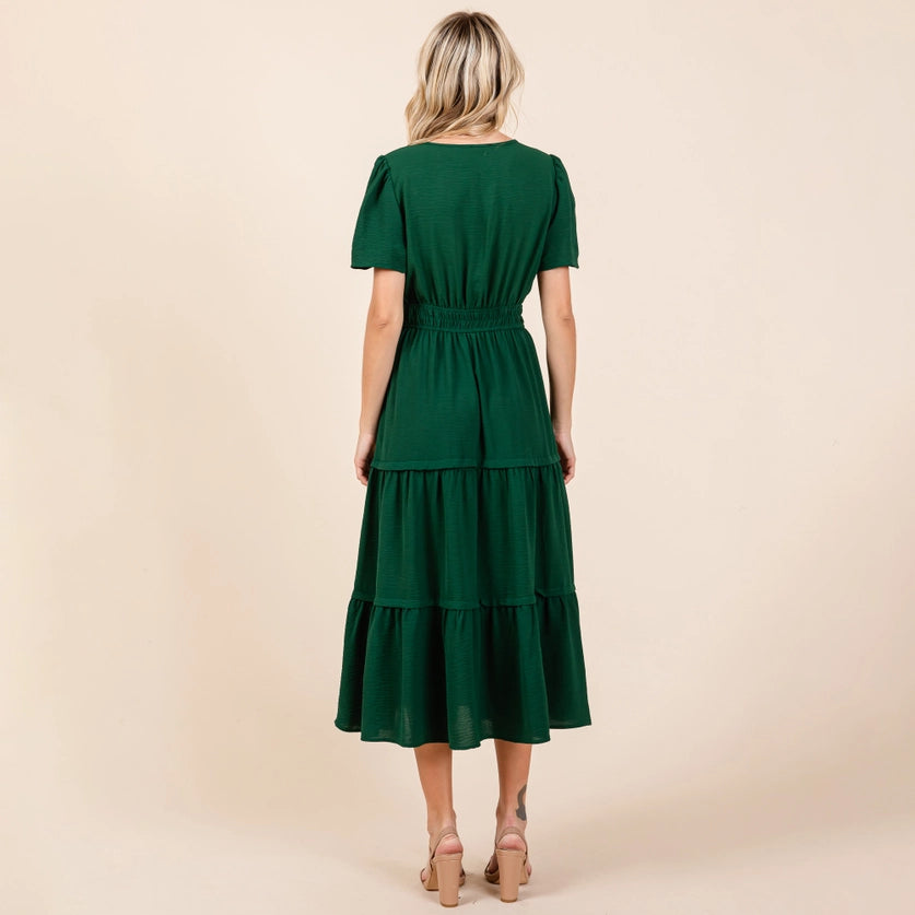 LAYERED V NECK MAXI DRESS - HUNTER GREEN