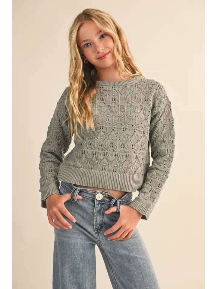 GIRLS PULLOVER TOP IN NAVY POINTELLE - LIGHT TEAL
