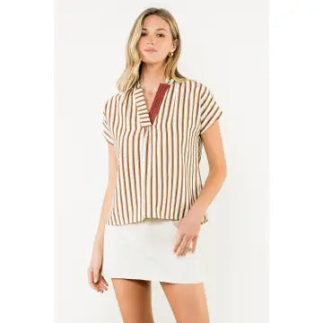 CONTRAST V-NECK STRIPED TOP - BROWN
