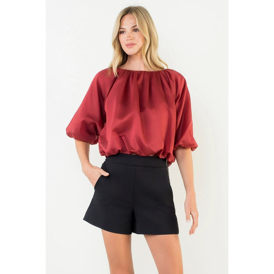 BALLOON SLEEVE SATIN BOATNECK TOP - BURGUNDY