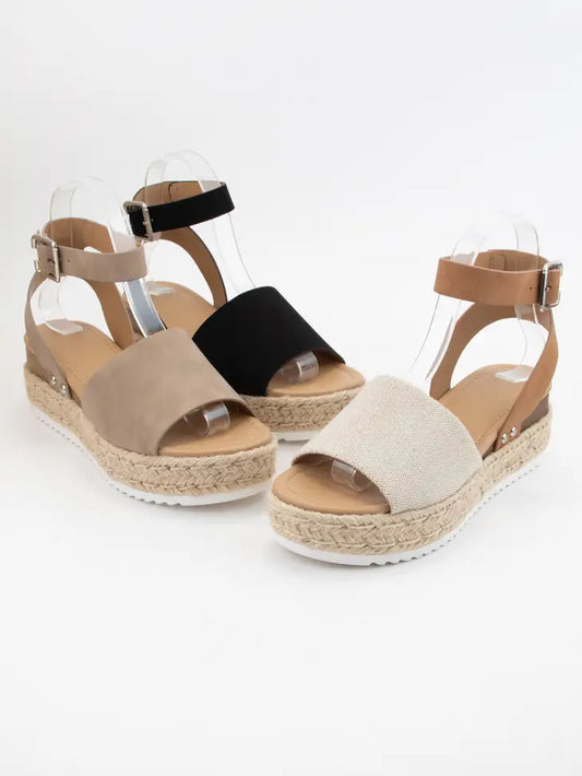 ANKLE STRAP ESPADRILLES PLATFORM WEDGE - BEIGE/TAN CANVAS