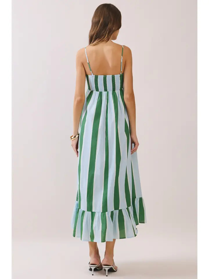 STRIPED BACK SMOCKED DETAIL SIDE POCKET MAXI DRESS - GREEN