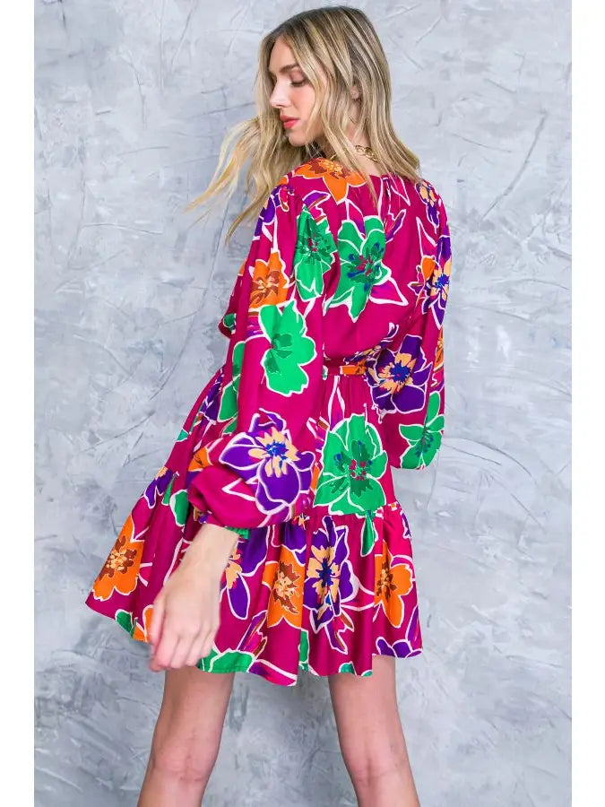 A PRINTED WOVEN MINI DRESS - MAGENTA