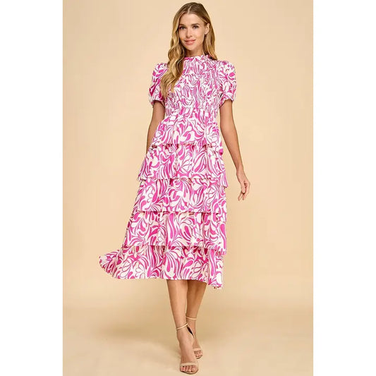 ABSTRACT SMOCKED DETAIL MIDI DRESS - PINK