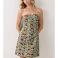 FLORAL PRINT STRAPLESS A LINE MINI DRESS - BURGUNDY