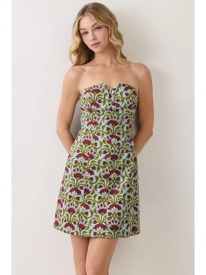 FLORAL PRINT STRAPLESS A LINE MINI DRESS - BURGUNDY