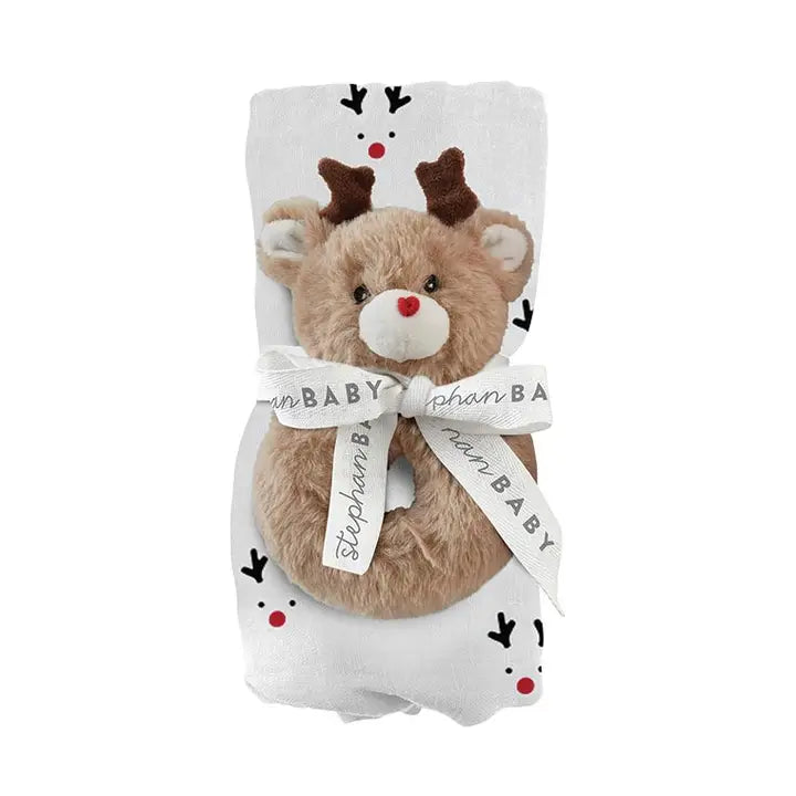 SWADDLE BLANKET + PLUSH REINDEER RATTLE