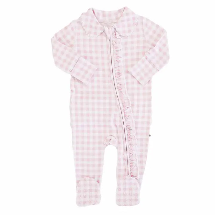PETER PAN COLLAR RUFFLE ZIPPER FOOTIE - ROSY GINGHAM