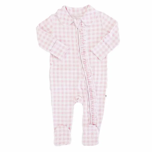 PETER PAN COLLAR RUFFLE ZIPPER FOOTIE - ROSY GINGHAM