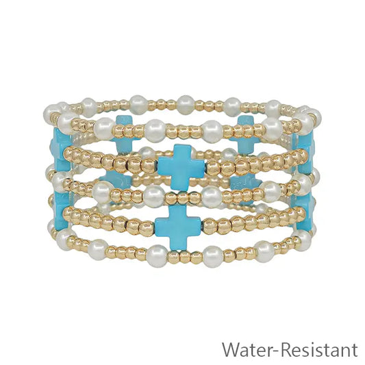 SET OF 5 BEADED BRACELETS PEARL AND TURQUOISE CROSSES