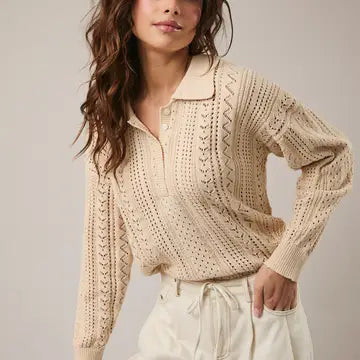 POLO COLLARED OPEN KNIT LONG SLEEVE SWEATER TOP - BEIGE