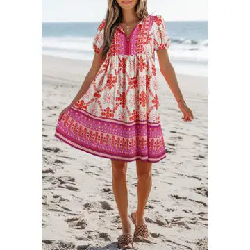 BOHO FLORAL SHORT SLEEVE MINI DRESS