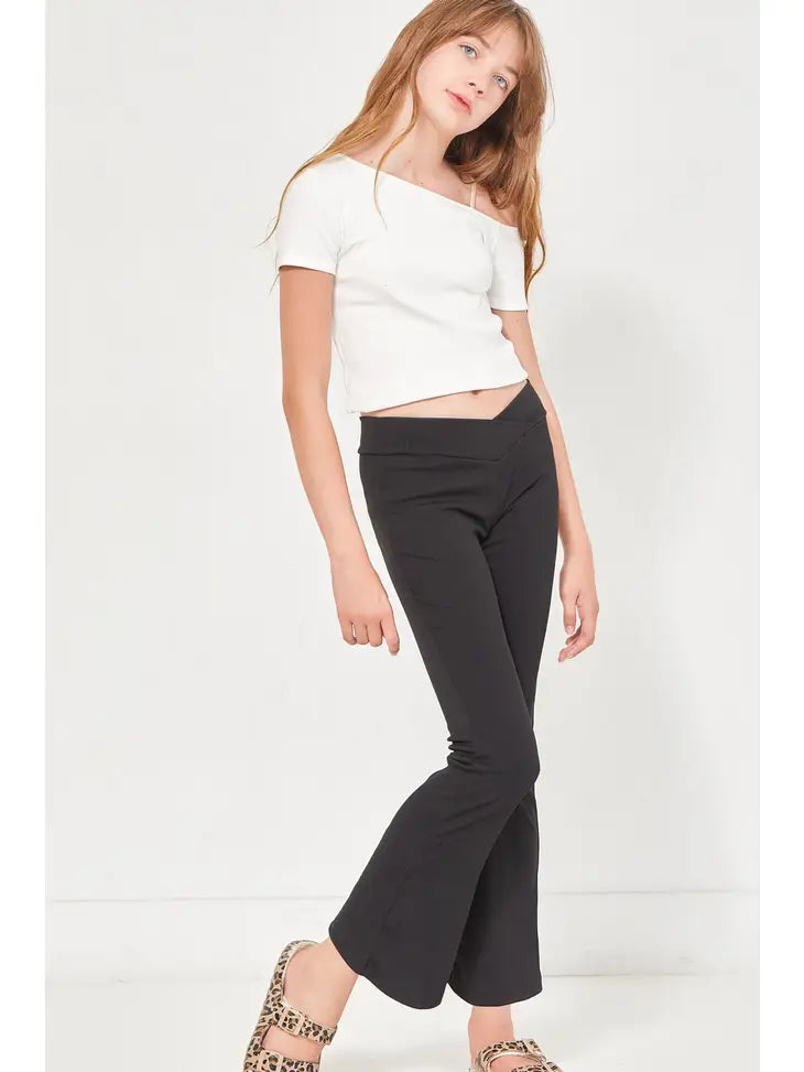 CROSSOVER WAIST RIBBED FLARE PANTS - BLACK