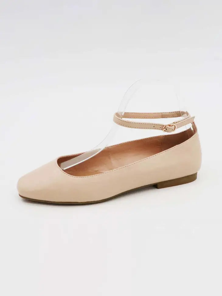 ANKLE STRAP SEMI-SQUARE TOE FLATS - NUDE