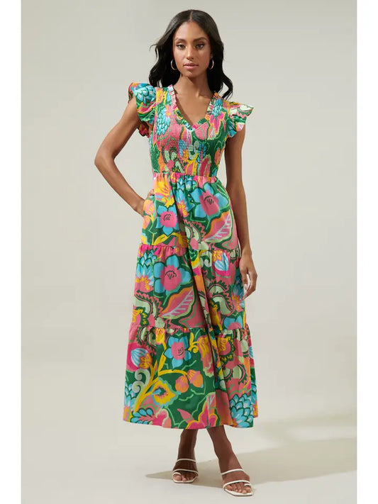 SMOCKED BODICE TIERED MIDI DRESS - PINK MULTI