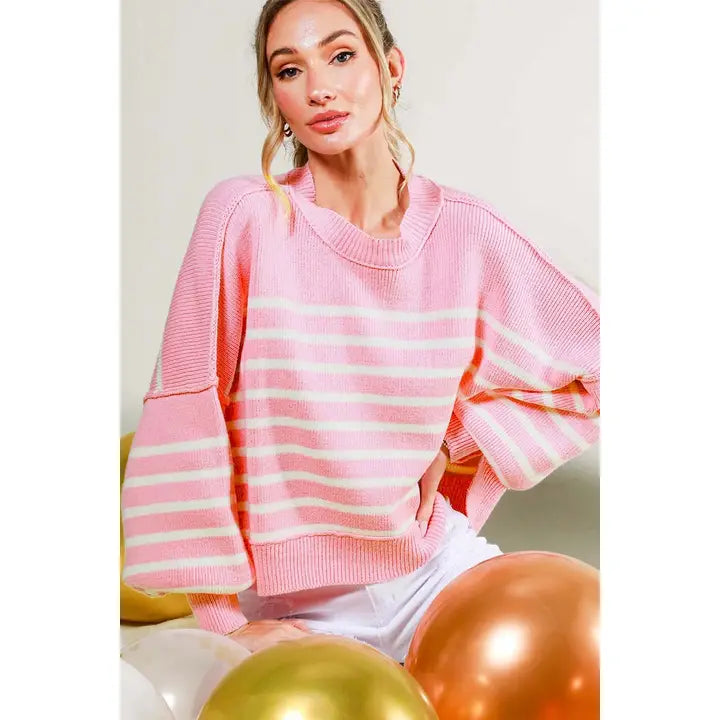CREW NECK BALLOON SLEEVE STRIPED SWEATER TOP - PINK
