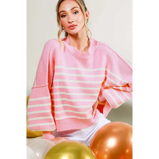 CREW NECK BALLOON SLEEVE STRIPED SWEATER TOP - PINK