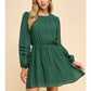 PLEATED DETAIL LONG SLEEVE DRESS - HUNTER GREEN