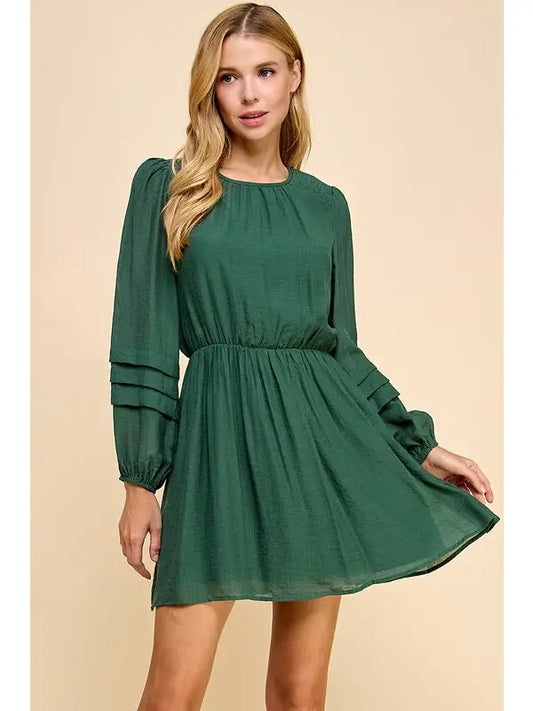 PLEATED DETAIL LONG SLEEVE DRESS - HUNTER GREEN
