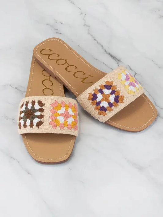 COLORFUL CROCHET PATCH SANDAL - BROWN/BLUSH