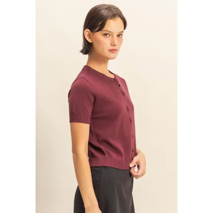 CREW NECK SHORT SLEEVE BUTTONED CARDIGAN - BLACK