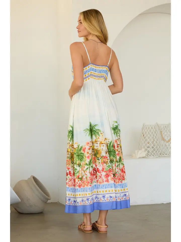 TROPICAL SCENIC PRINT MIDI DRESS - BLUE MULTI