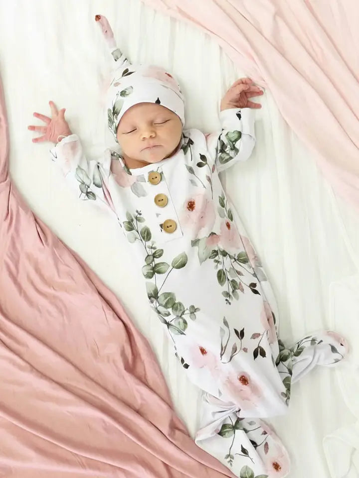 NEWBORN BABY KNOT GOWN & HAT SET - MILLIE'S DUSTY ROSE GARDEN