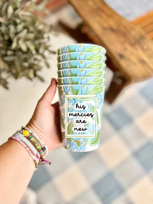 BLUE FLORAL HIS MERCIES ARE NEW REUSEABLE CUPS