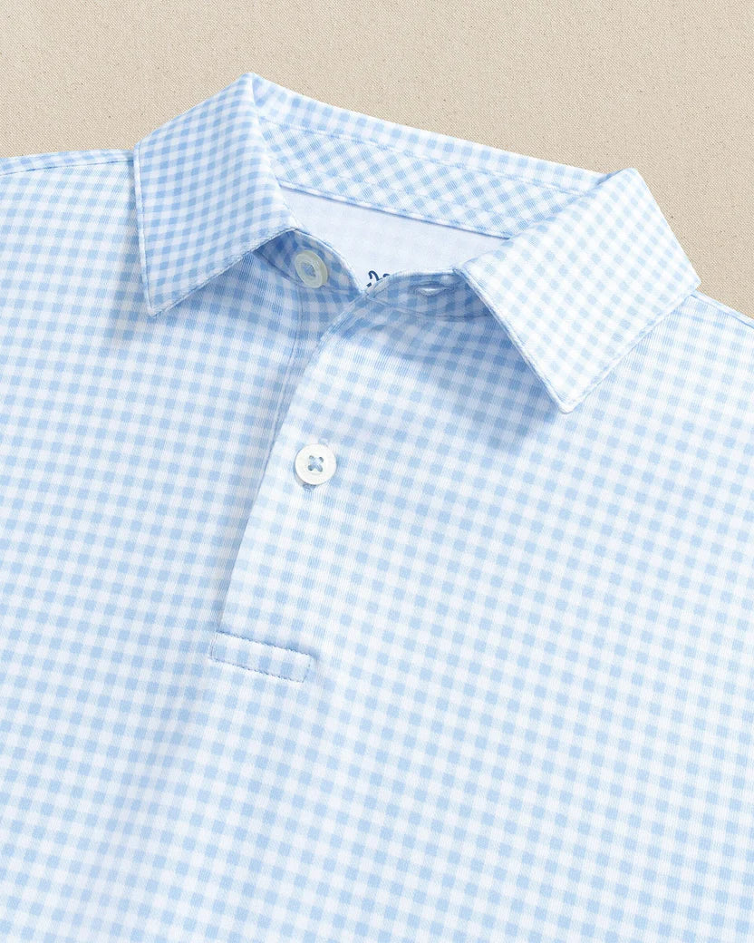 BOYS DRIVER GINGHAM PRINTED PERFORMANCE POLO - TIDE BLUE
