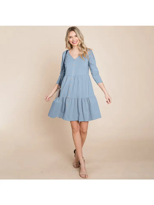 BABYDOLL V NECK BUTTON FRONT TIERED DRESS - BLUE