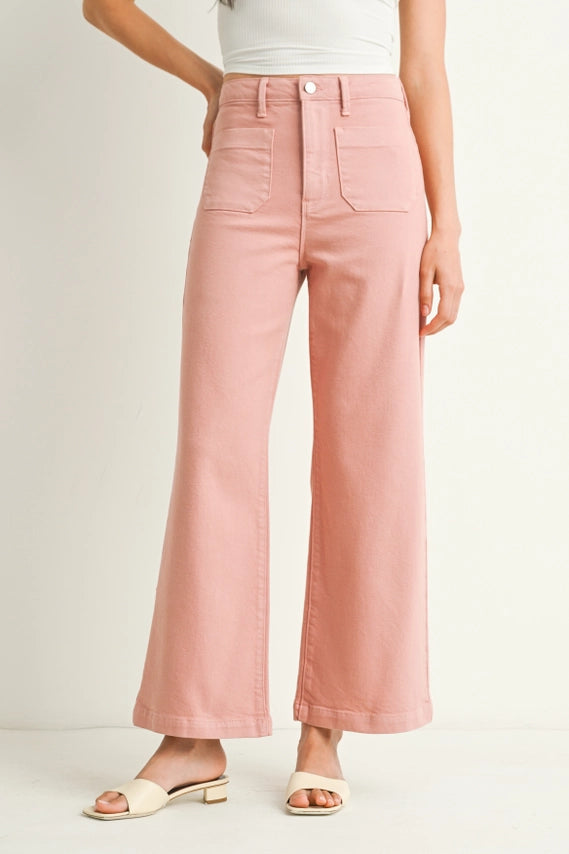 PATCH POCKET WIDE LEG JEANS - DUSTY CORAL