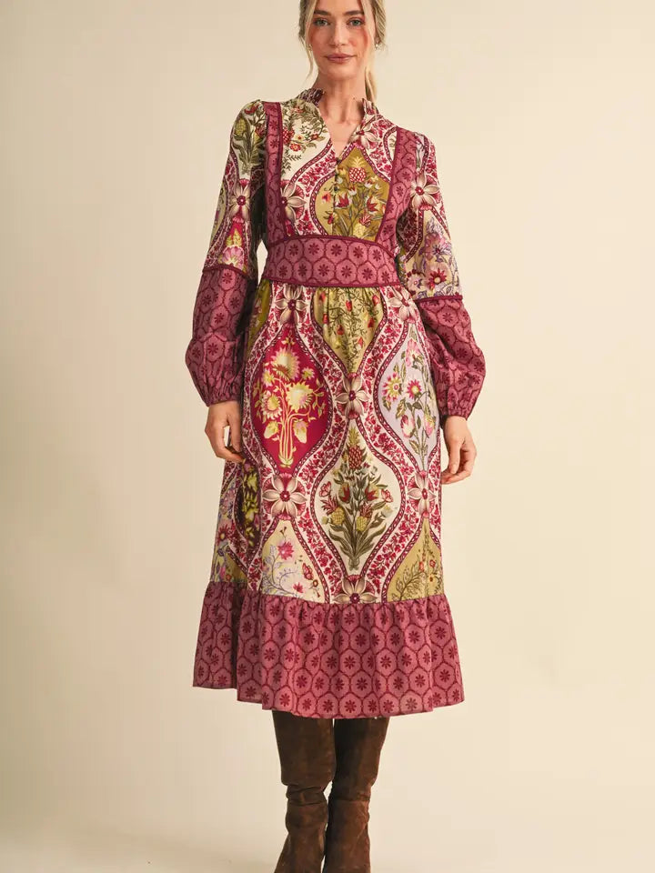 MIXED FLORAL CONTRAST PIPING MIDI DRESS - WINE FLORAL