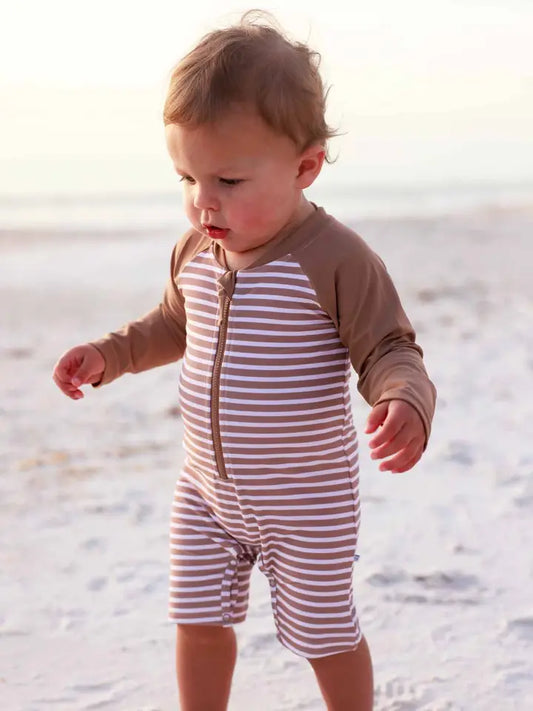 LONG SLEEVE RASH GUARD SWIN ROMPER SHORTIE - SANDY STRIPE
