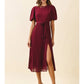PLEATED WITH SIDE SLIT DETAIL ROUND NECK DRESS - BURGUNDY