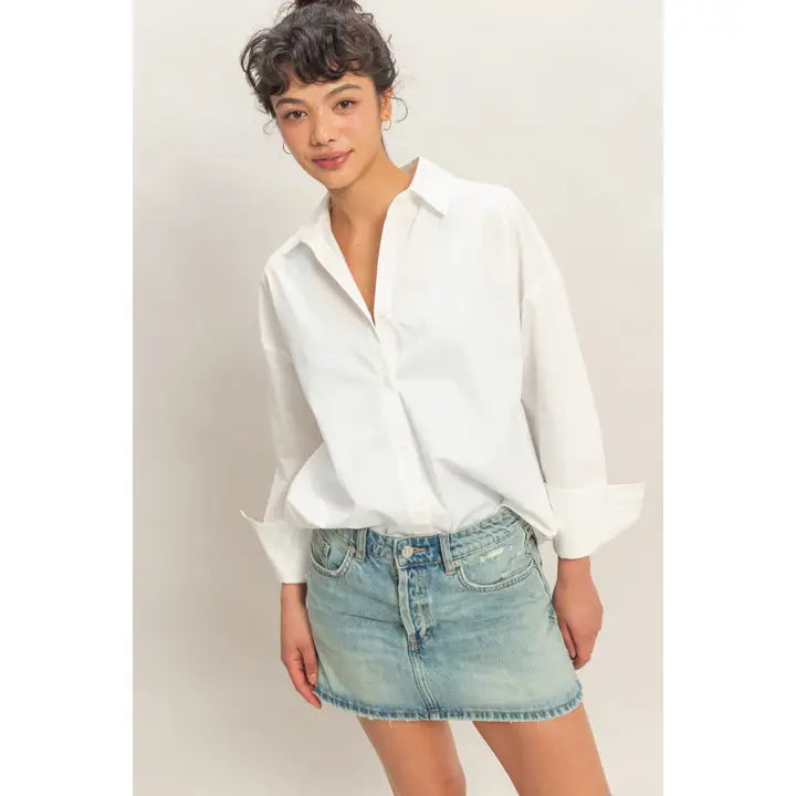 BUTTON UP POPLIN SHIRT - WHITE
