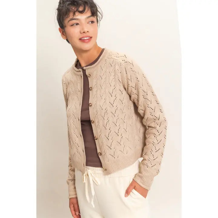 POINTELLE KNIT BUTTON FRONT CARDIGAN - DARK TAUPE