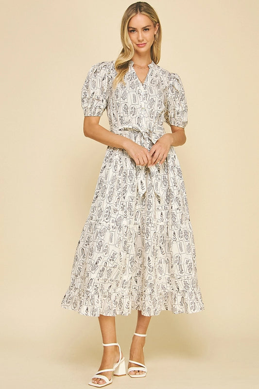 PRINT TIERED MIDI DRESS - BROWN