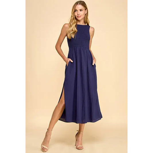 SLEEVELESS BODICE SIDE SLIT MIDI DRESS - NAVY