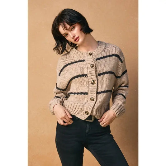 FLUFFY STRIPED BUTTON DOWN CARDIGAN - SAND/CHARCOAL