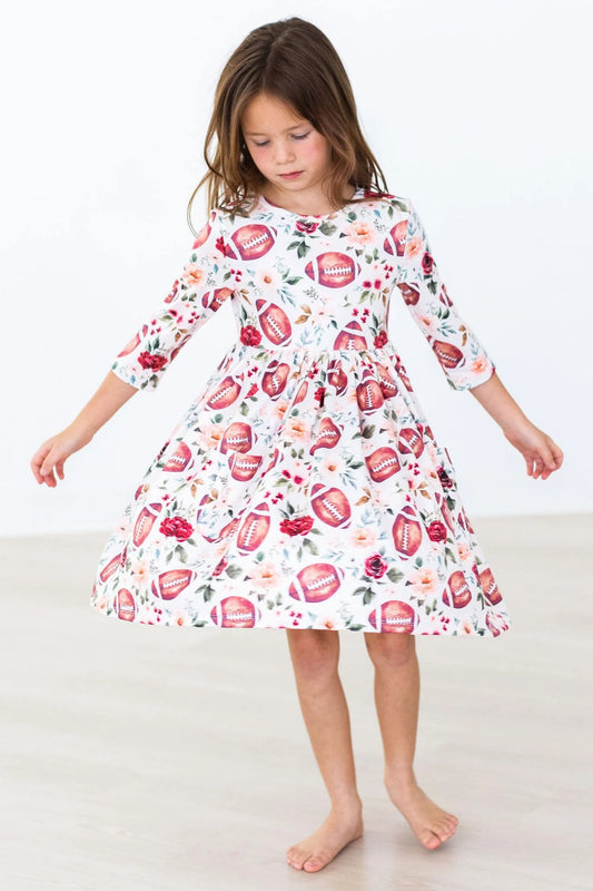 FOOTBALL & FLOWERS 3/4 SLEEVE POCKET TWIRL DRESS