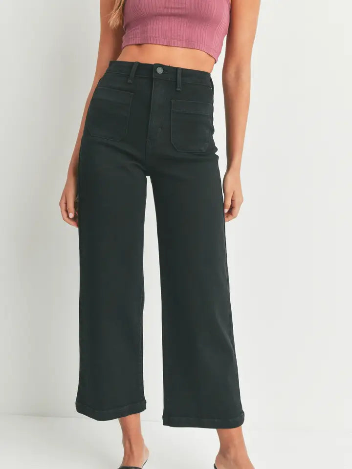 PATCH POCKET WIDE LEG JEANS - BLACK