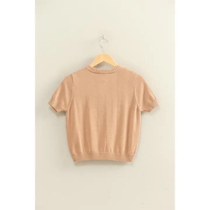 CREW NECK SHORT SLEEVE BUTTONED CARDIGAN  - DARK TAUPE
